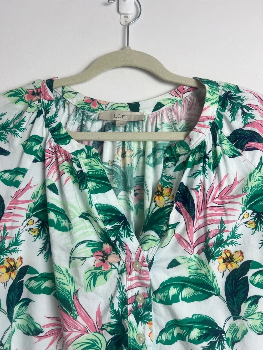 LOFT‎ Medium Tropical Floral Print 3/4 Puff Sleeve Cotton Blend Blouse Top